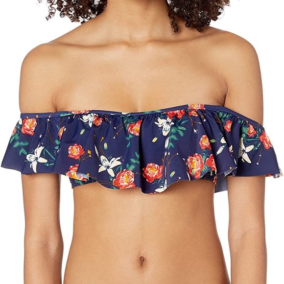 Roxy Floral Off-Shoulder Bikini Top - Navy and Red - Picture 1 of 3